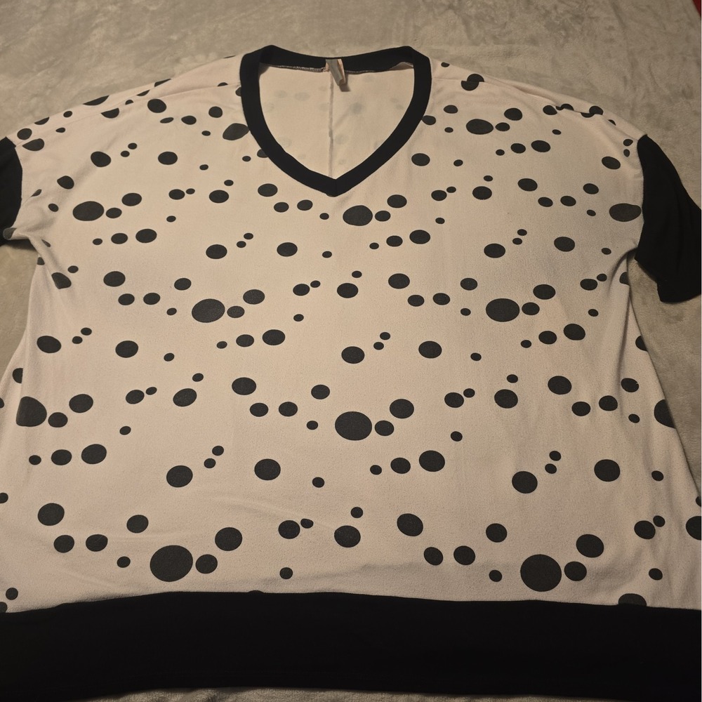 Honeyme Curvy White And Black Polka-dots Cuff Sleeve V-neck Soft Pullover XXXL